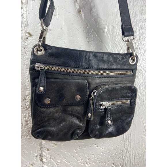 FOSSIL BLACK HEAVY LEATHER CROSSBODY PURSE OUTER POCKETS 10 X 8 - Picture 1 of 6